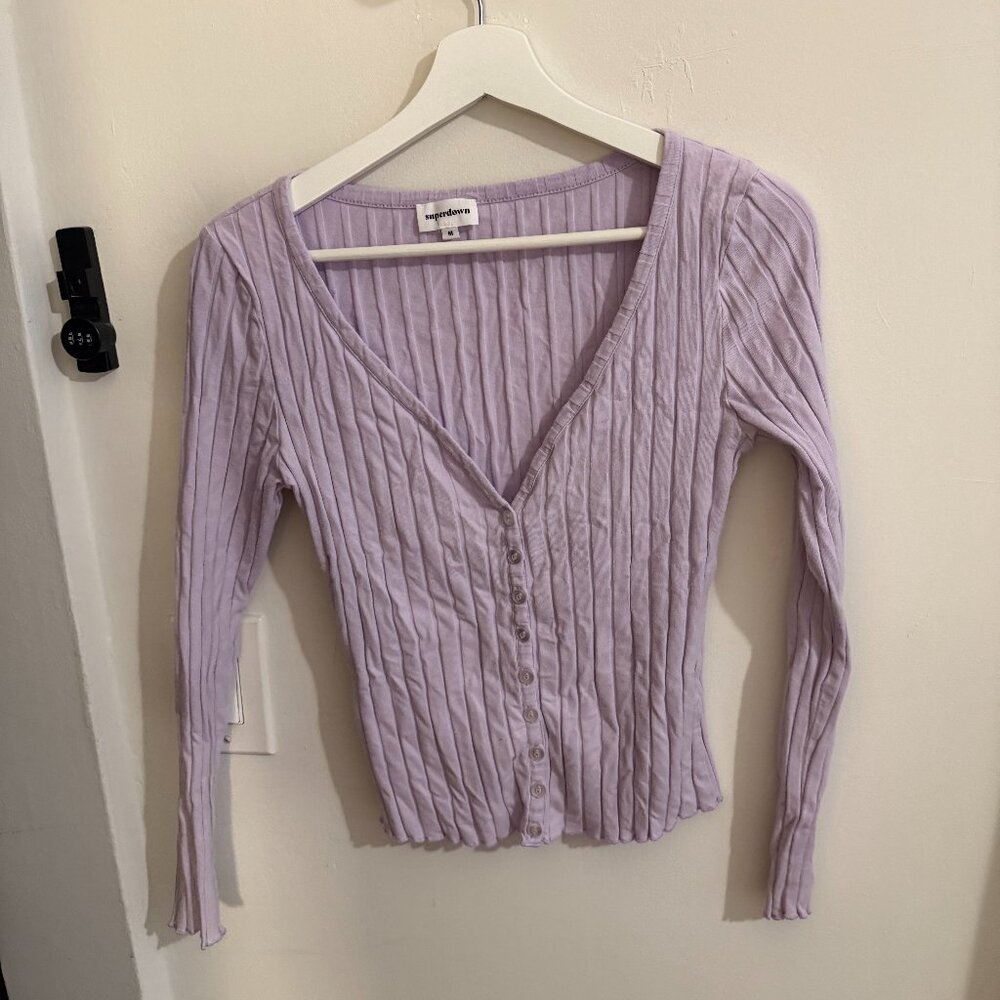 Superdown - Ribbed Button-Up Cardigan - Lavender - image 1